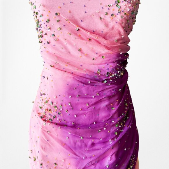 Vintage Pink Strapless Beaded Ruffle Asymmetric High Low Midi Prom Dress Size M - Picture 8 of 14